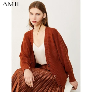 Amii минимализм осенние зимние кардиганы для женщин повседневный однотонный полосатый Свободный Вязаный Кардиган с длинным рукавом Женские топы 12040909