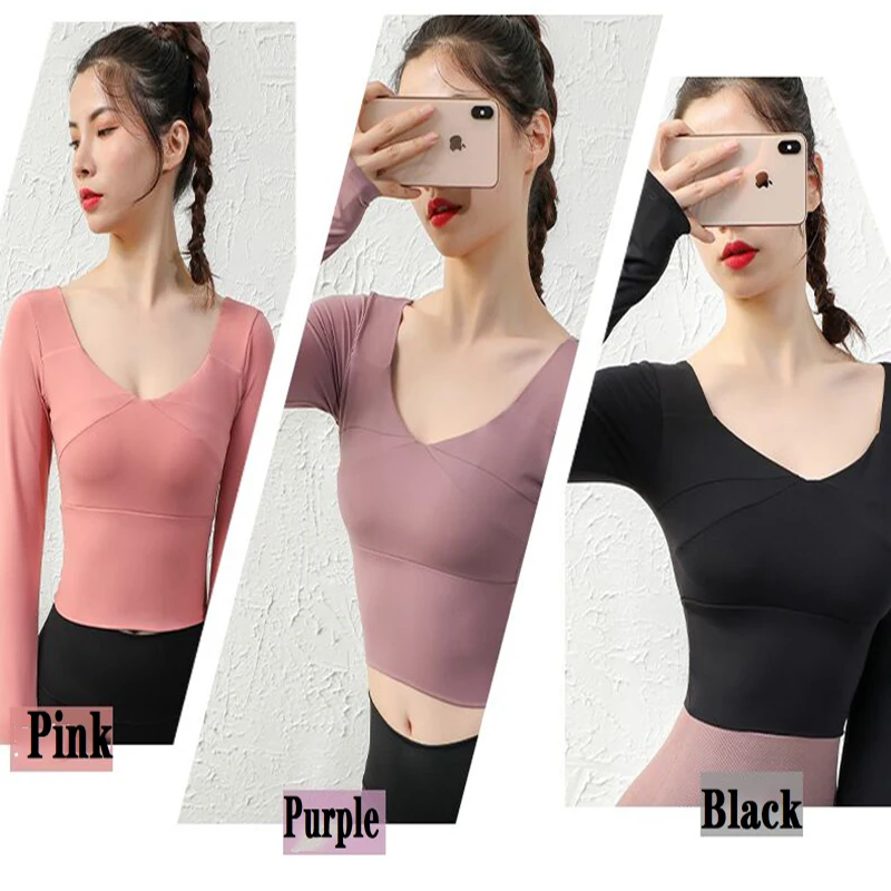 

Одежда для йоги с нагрудными подушечками топы для йоги женские тонкие быстросохнущие с длинным рукавом сетчатые красные рубашки для фитнес...