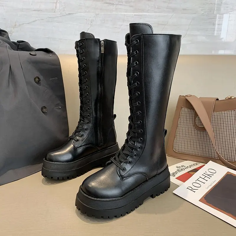 Women Combat Boots Antumn 2020 Female High Platform Gothic Shoes Black Leather Boots Lace Up Women Knee High Boots