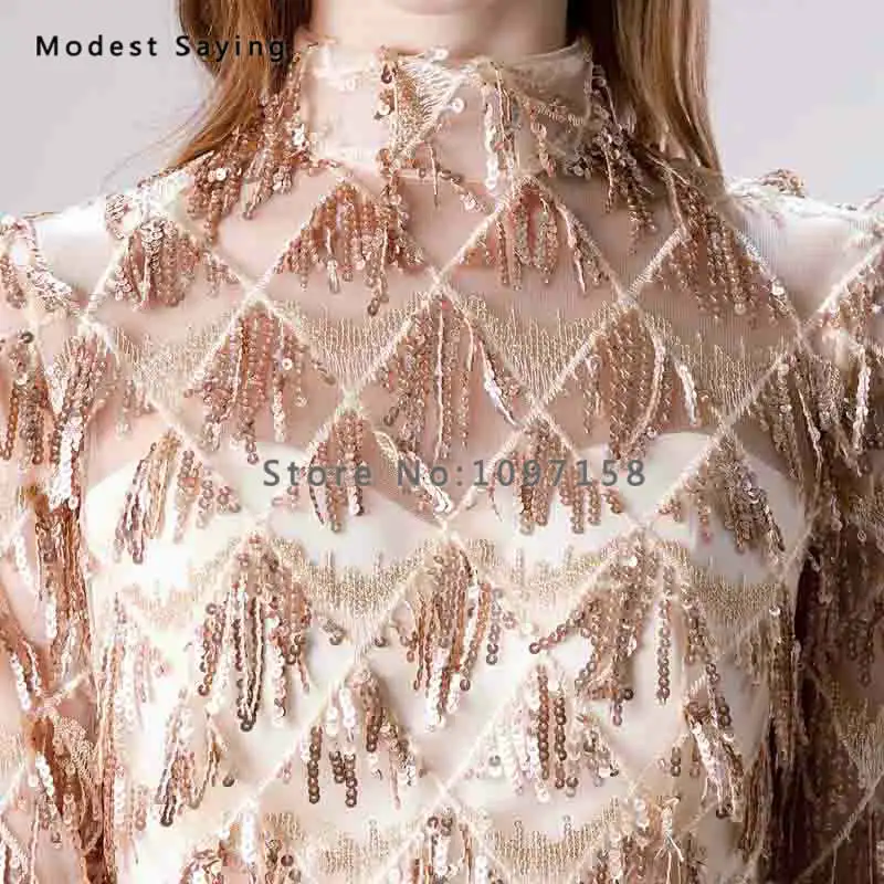 Elegant Wine Red A-Line High Neck Sequined Tassel Evening Dresses 2019 Formal Half Sleeves Lace Party Prom Gowns robe de soiree | Свадьбы и
