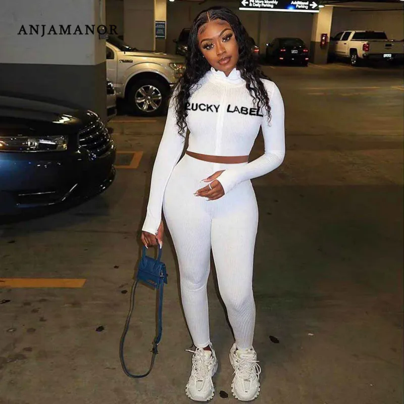 

ANJAMANOR Lucky Label Вышивка буквы ребристые молнии спортивные Женский комплект 2 шт. Bodycon спортивный костюм размера плюс зима 2020 D43-DE50