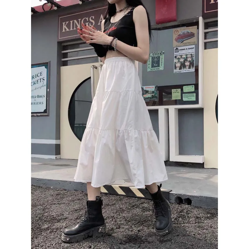 

Midi Long Skirts Women Solid Black Loose Summer High Waisted Dress Vintage Gothic Lolita Cupcake Dress Girl Harajuku Streetwear