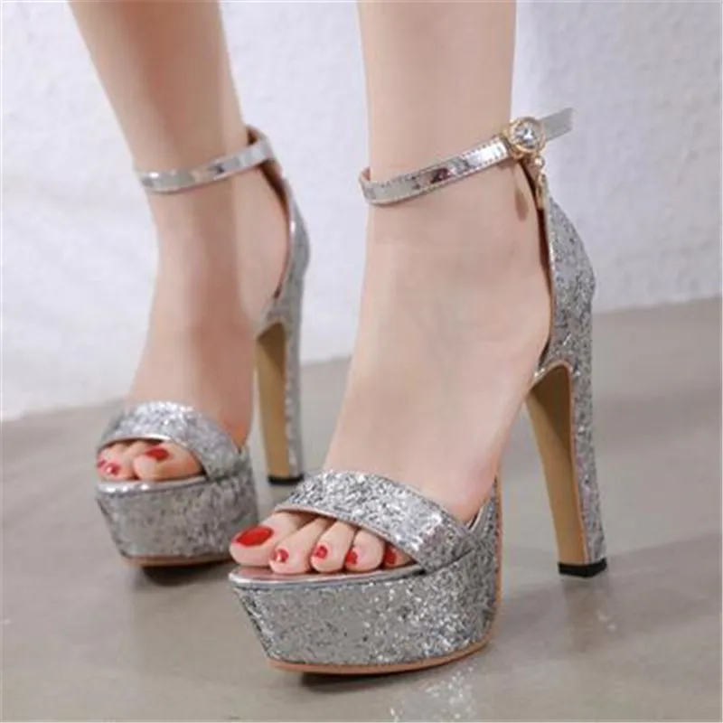 

FeiYiTu Summer Sexy Women Sandals High Heels Bling Open Toe Transparent Heel Gladiator Sandals Platform Party Shoes black silver