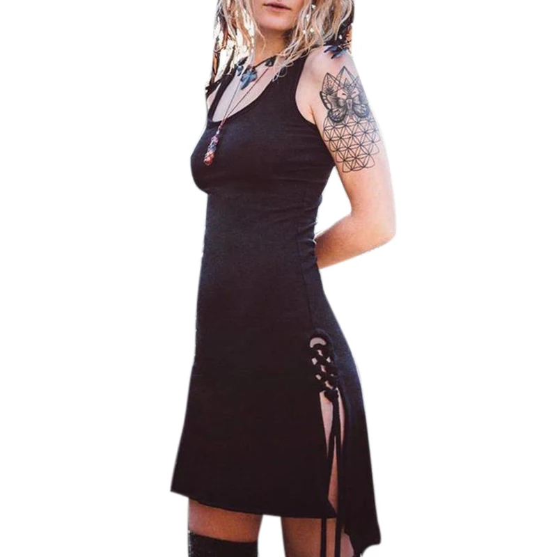 

Woman Dress Black O-neck Side Bandage Tank Dresses Gothic Robe Femme Mini Vestidos Womens Clothing 2020 Casual 3XL Dress