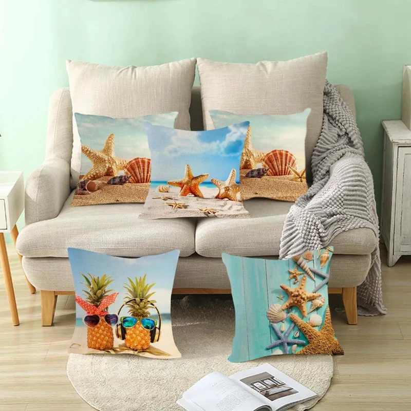 

Cushion Cover Ocean Style Printed Hawaiian Shells Starfish Beach Decor Outdoor Seats Pillow Cases