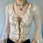 Трикотажная бандажная рубашка с воланами, длинными рукавами и V-образным вырезом
