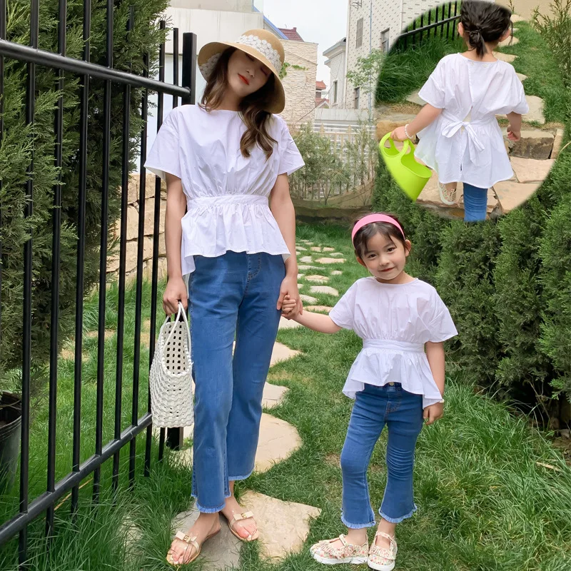 

Mother And Daughter Matching T Shirt Fashion Solid White Short Sleeve Tops Front Long Back Ruffle Waist Ties Bow Slim Look