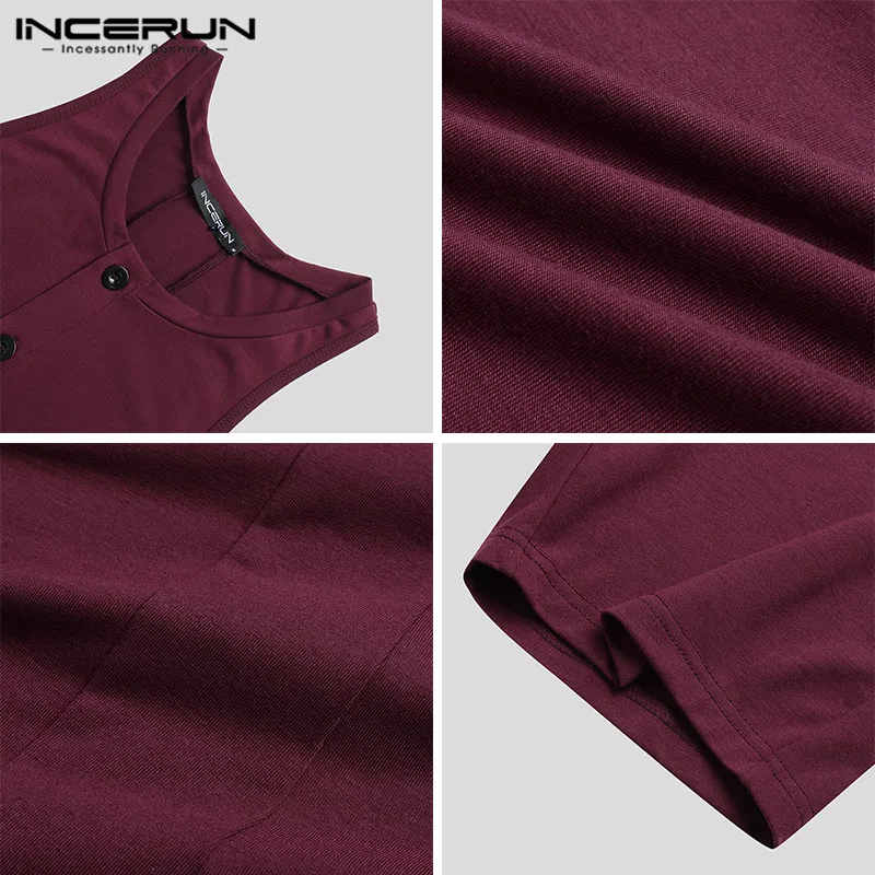 

Men Pajamas Rompers O Neck Button Sleeveless Solid Playsuits Sleepwear Fitness Leisure Mens Jumpsuits Homewear S-5XL INCERUN