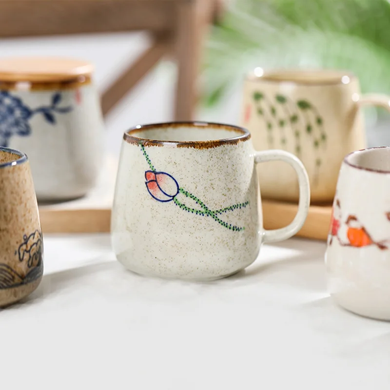

New 300~400ml Japanese retro unique hand-painted oil paint simple style milk coffee cup office home gift for family and friends