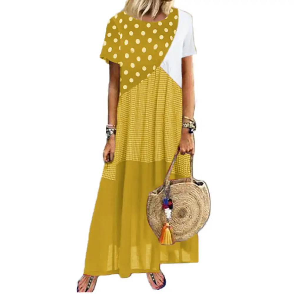 

2021 New Women Vintage O Neck Short Sleeve Dots Stripes Patchwork Large Hem Long Dress sukienka na co dzie