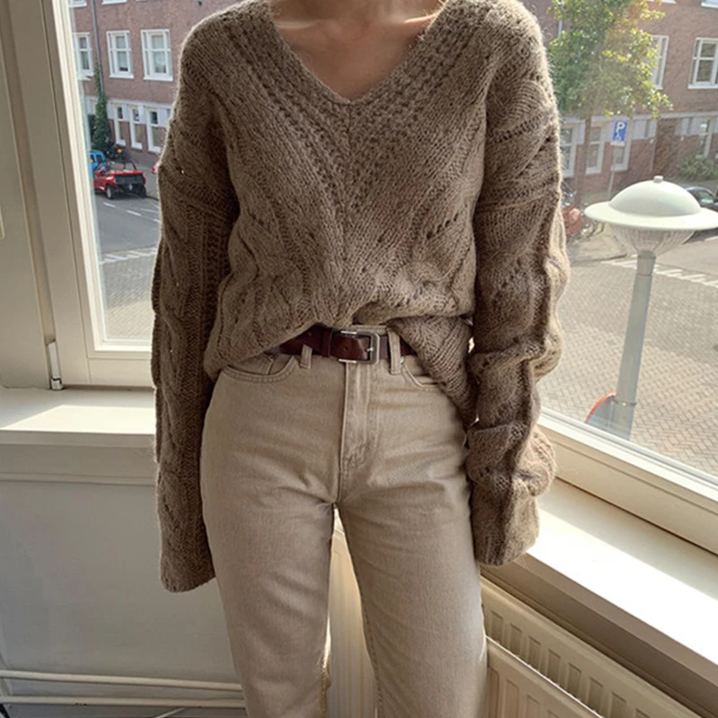 

Women Twist Sweater Pullover Winter V-neck Loose Warm Knitwear Office Ladies Tops Solid Knitting Female Outerwear T07811T