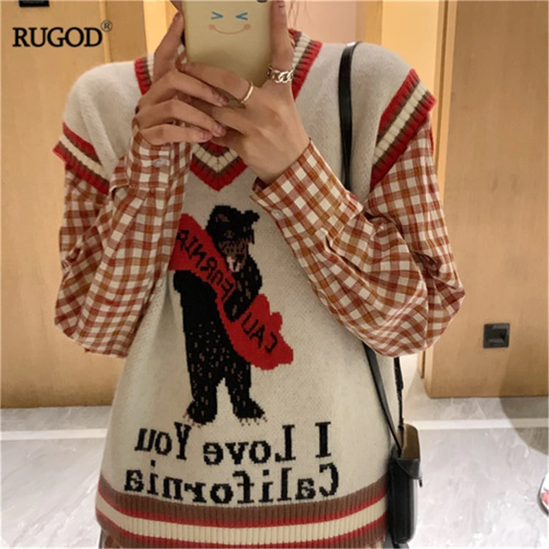 RUGOD 2019 Новый женский мультяшный вязаный свитер жилет или клетчатая рубашка Милая