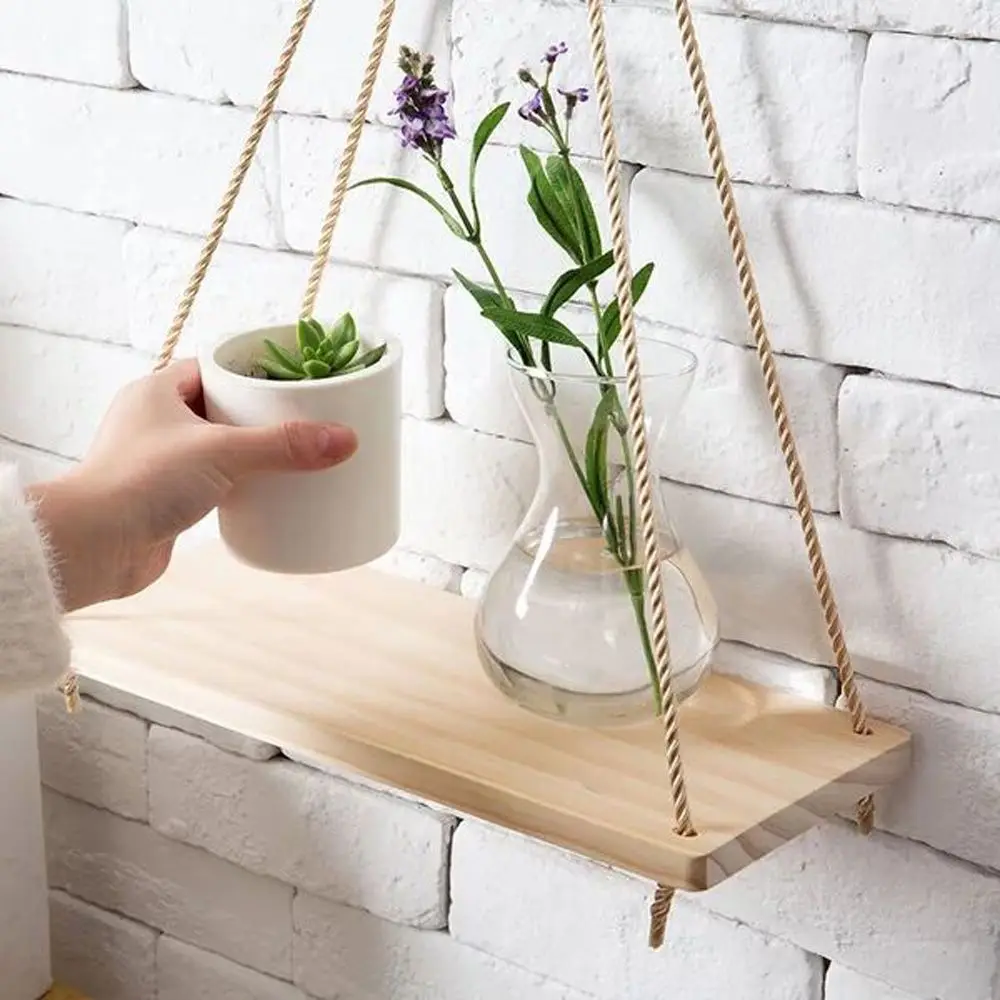 

Nordic Style Hanging Rope Wooden Wall Shelves Holder Floating Shelf Storage Rack for Office Storage Organization Swing Shelf