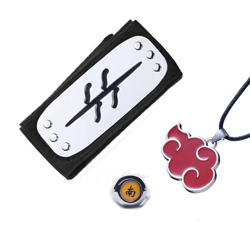 

Ring Akatsuki Pain Uchiha Itachi Cosplay Accessories Deidara Sasori Headband+Ring+Red Cloud Symbol Pendant Necklace Suit