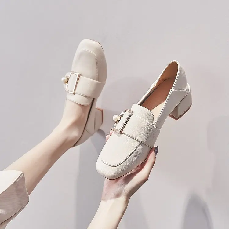 

Mary Jane Shoes Women's 2021 Spring and Summer New Small Leather Shoes Pearl Women's Shoes Shallow Mouth Square Toe Shoes