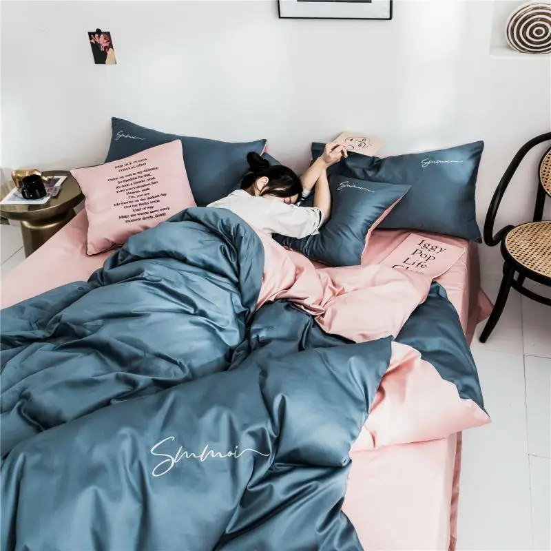

Light Luxury Luxury Bedding Solid Color Four-piece Embroidered Silky Cotton Satin Long-staple Cotton Bed Linen Home Decoration