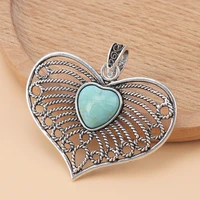 5pcs large tibetan silver hollow filigree heart faux turquoise stone charms pendants for necklace jewelry making accessories