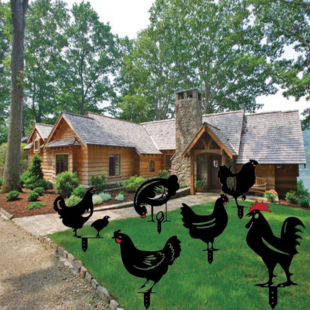 

Garden Stand Chicken Cards Acrylic Animal Silhouette Decoration Durable Waterproof Black Yard Stake 4 Pieces Shadow Decorate