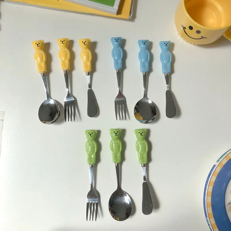 

Cute Bear Spoon Fork Ceramic Dessert Spoons Dinnerware Cutleries Cartoon Spoon Fork Butter Kinfe Set