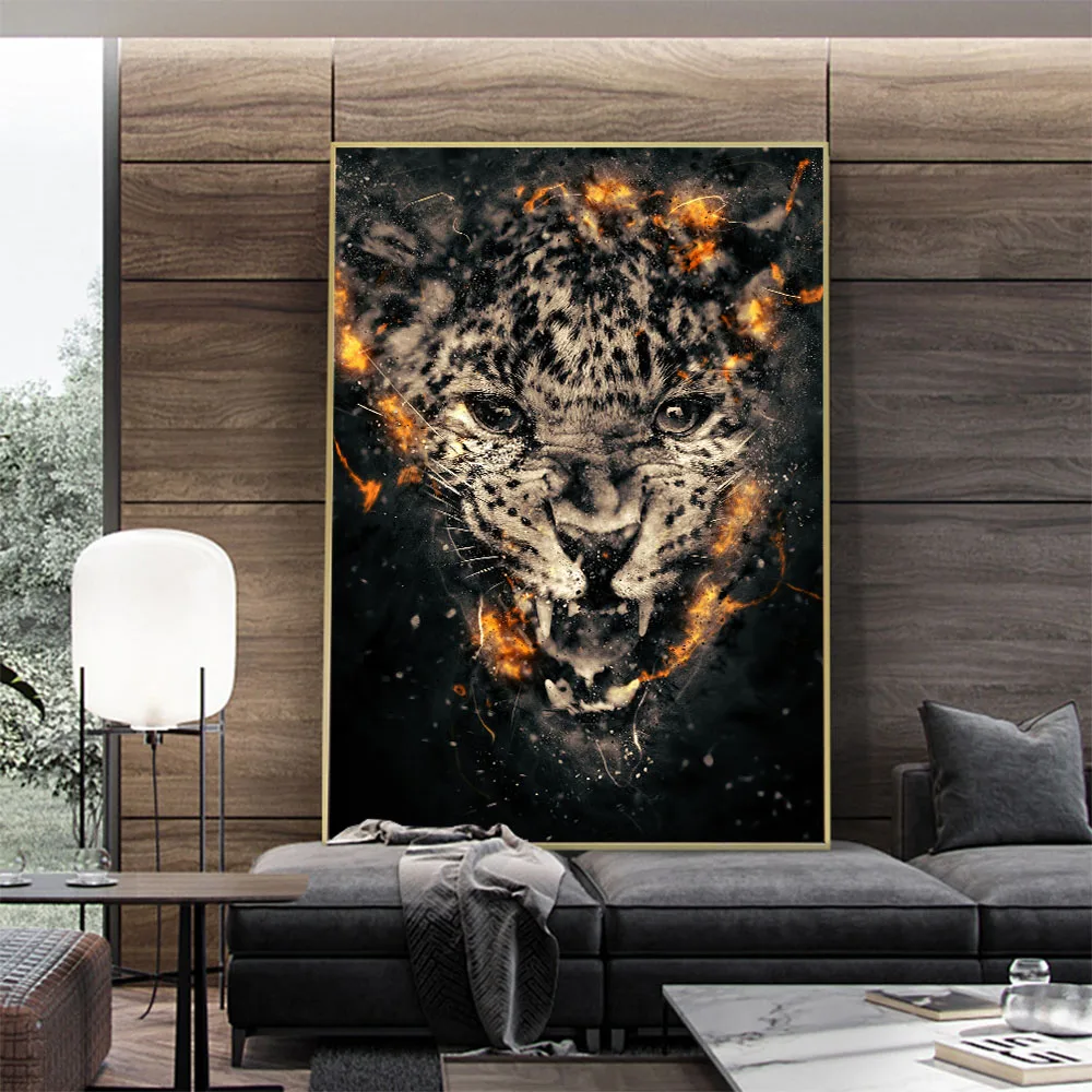 Современное абстрактное пламя лев леопард животные Искусство Картина настенное