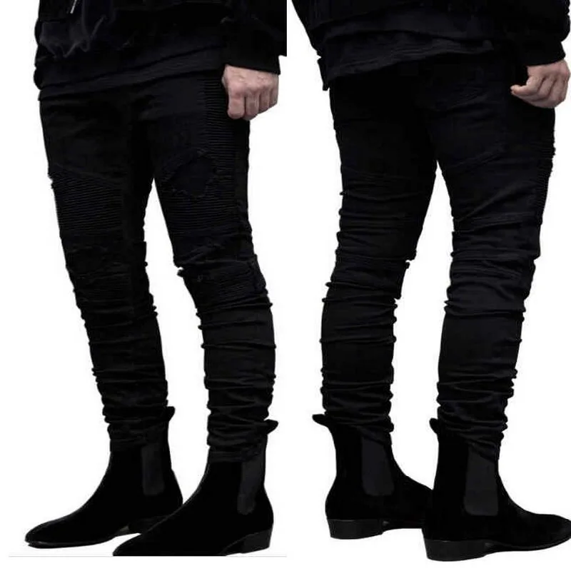 Men's Ripped Jeans Slim Fit Small Feet Jeans Men Pleated Oversize  Pants Men Hip Hop Jeans Size 28-38