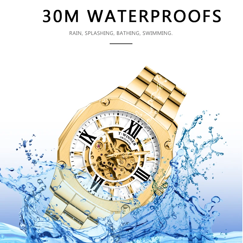 Top Brand WINNER Mens Automatic Watch Golden Hollow Skeleton Stainless Steel Watches Male Waterproof Mechanical Clock Dropship | Наручные