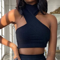 fashion sexy croped backless rib knit crop top women off shoulder casual tie up streetwear irregular skinny white club clothes