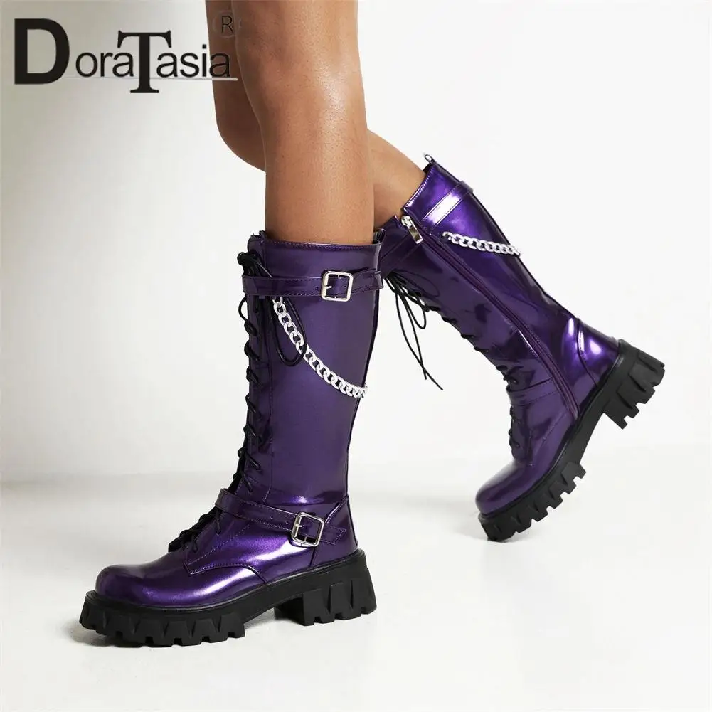 

DORATASIA Brand New Ladies Platform Mid-Calf Boots Fashion Chain Buckle Chunky Heels Boots Women Party Street Shoes Woman