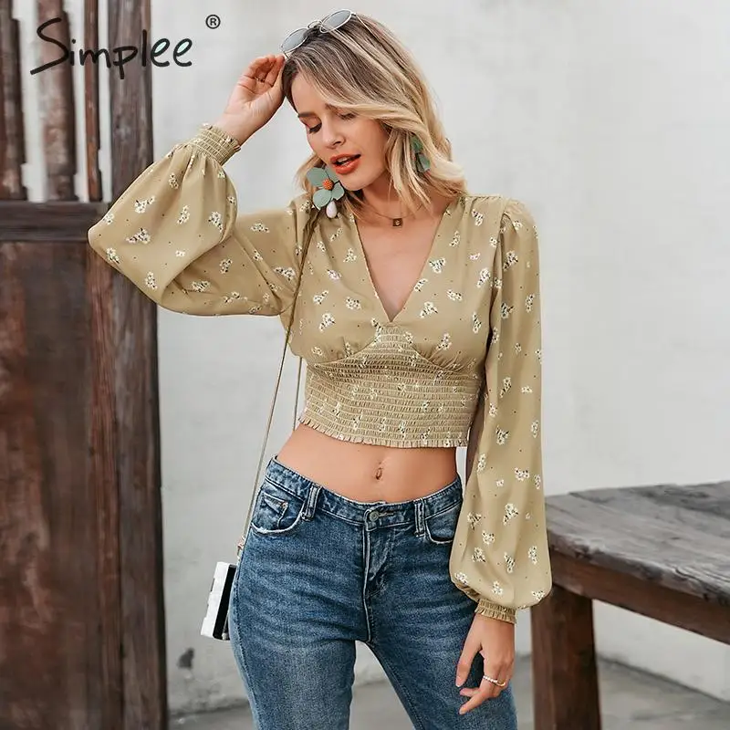 Женская винтажная блузка Simplee с длинным рукавом глубоким вырезом и цветочным