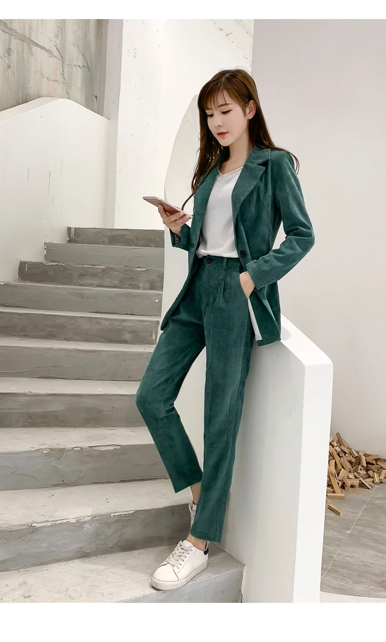 Корейский S-XL размера плюс вельветовый осенний Блейзер костюм Женский Длинный блейзер пальто+ кнопки карандаш брюки из двух частей набор для женщин Весна