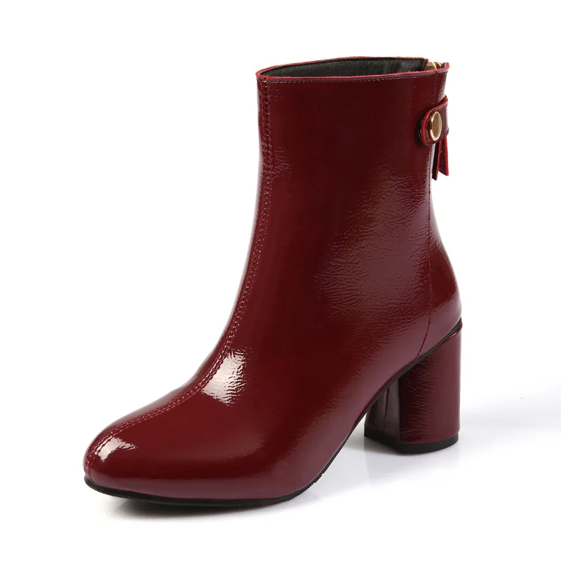 

Autumn Winter New High Heeled Women Short Boots Female Round Headed Patent Leather Fashion Solid Thick Heeled Female Boots