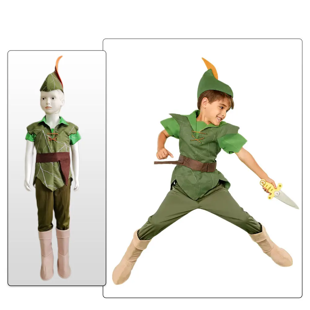 

Peter Pan Cosplay Costumes Halloween Costumes for Kids Boys Version Green Top Pants Hat Belt Carnival Costumes Party Clothing