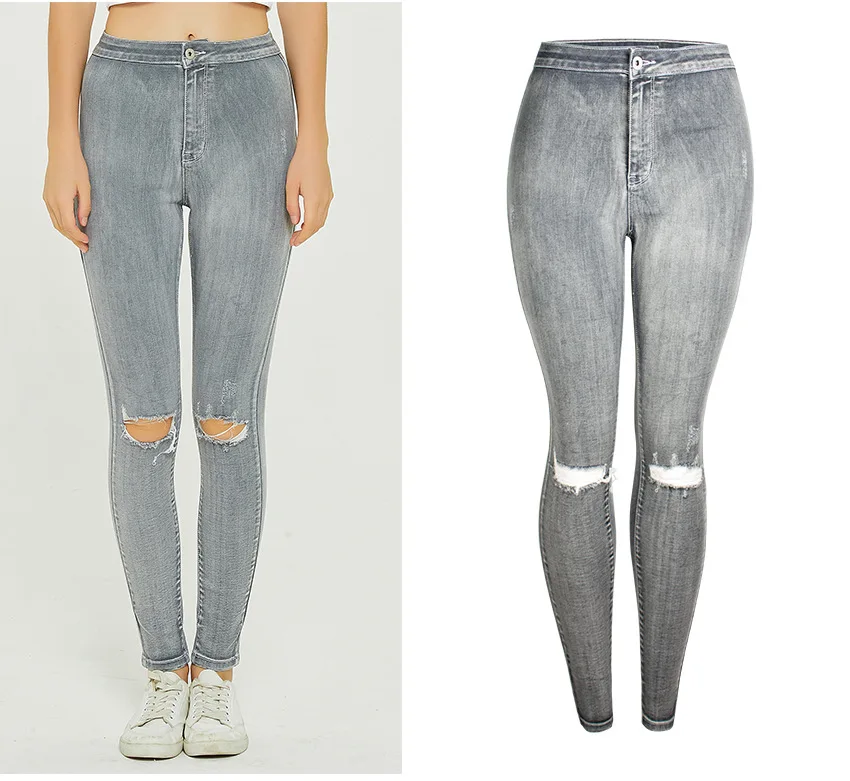 

Women Knee Ripped Hole Jeans High Waist Push Up Hip Pencil Lift Skinny Gray Jean Trousers Super Stretch Slim Fit Denim Pants
