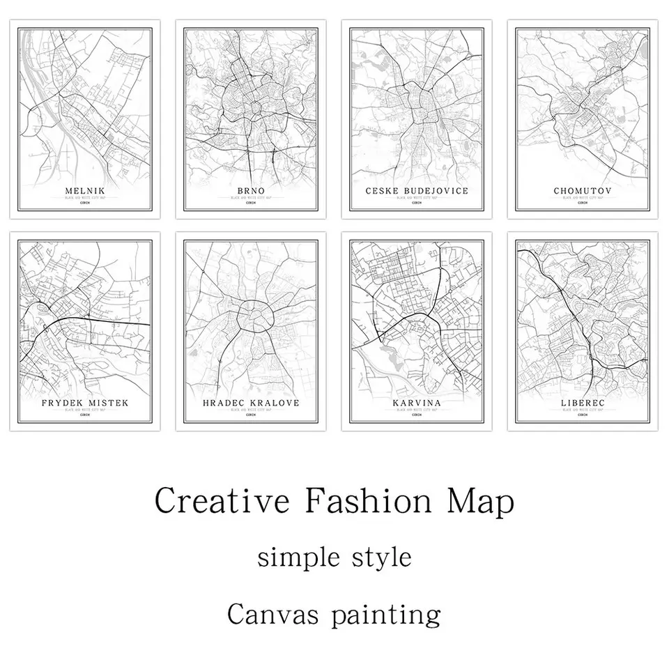 Чешский черный белый мир Карта города плакат скандинавский гостиной Праги vsetin Pisek настенные художественные картины Домашний декор холст живопись