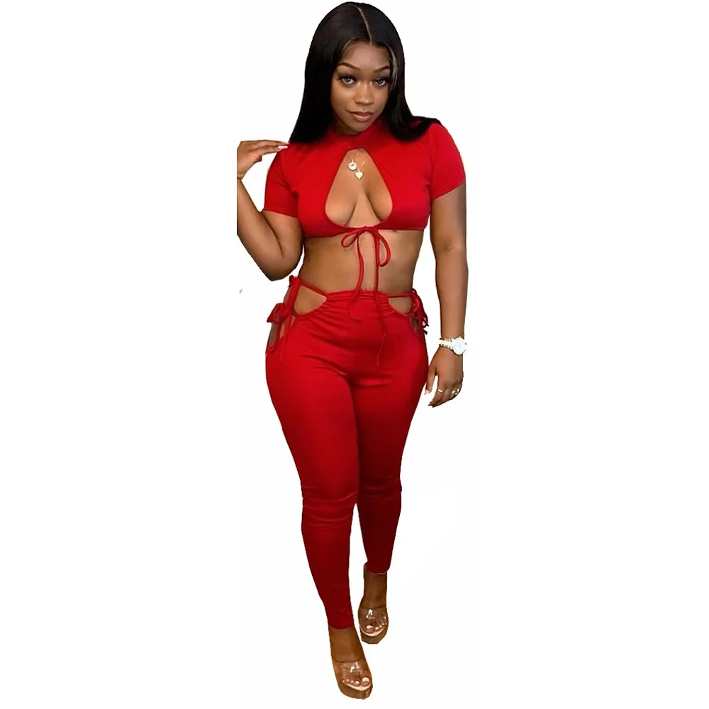 

Summer Bodycon 2 Two Piece Set Women Outfits 2021 Hollow Out Crop Top Bandage Pants Suits Casual Black Red Matching Sets