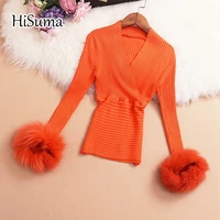 2021 spring new female v collar long sleeve knitted with fur fairy shirt womens chic slim v neck blouses women sweater shirts