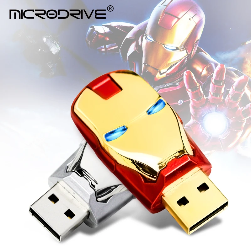 Железный человек, USB флеш-накопитель, 8 ГБ, 16 ГБ, 32 ГБ, 64 ГБ, 128 ГБ, металлический USB флеш-накопитель, светодиодный светильник, флеш-накопители, флеш-накопители, мужской подарок