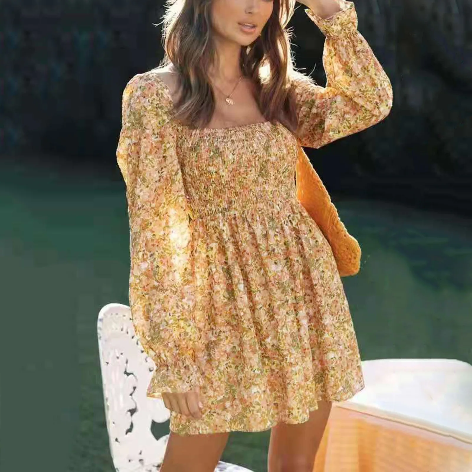 

dress for girls halloween party Women Fashion Casual Print Split Joint Square Collar A Line Dresses Beach Casual Plus Size плать