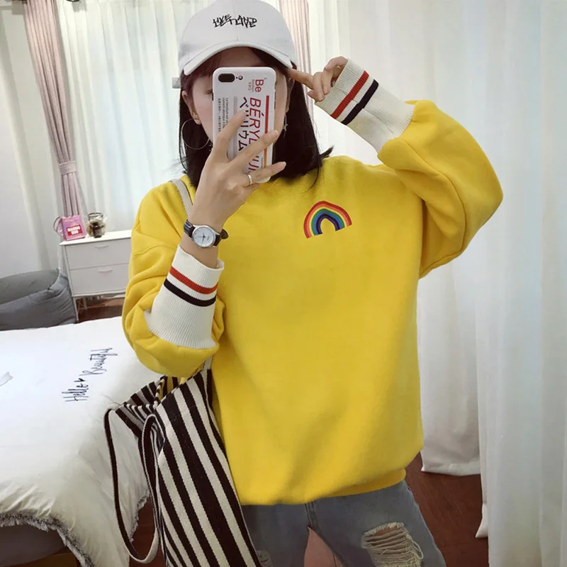 

winter Rainbow embroidery fleece Hoodies Women korean Kawaii Sweatshirts Usagi 90s Aesthetic oversized hoodie girls Streetwear