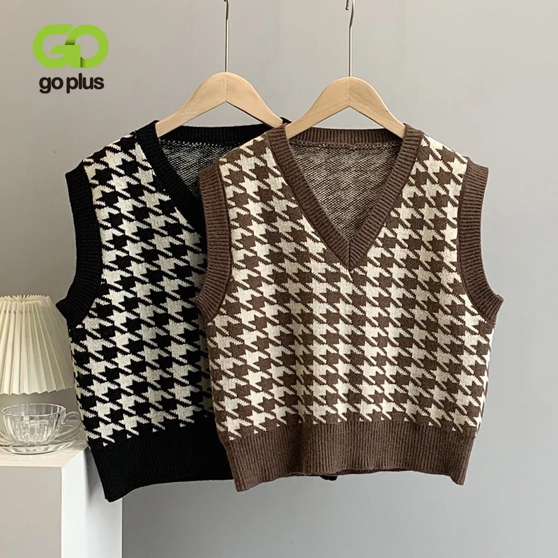 

GOPLUS Sweaters Tops Vintage Women Houndstooth Sweater Vest Short Black Jumper Pull Femme Hiver Vrouw Truien Jersey Mujer C10929