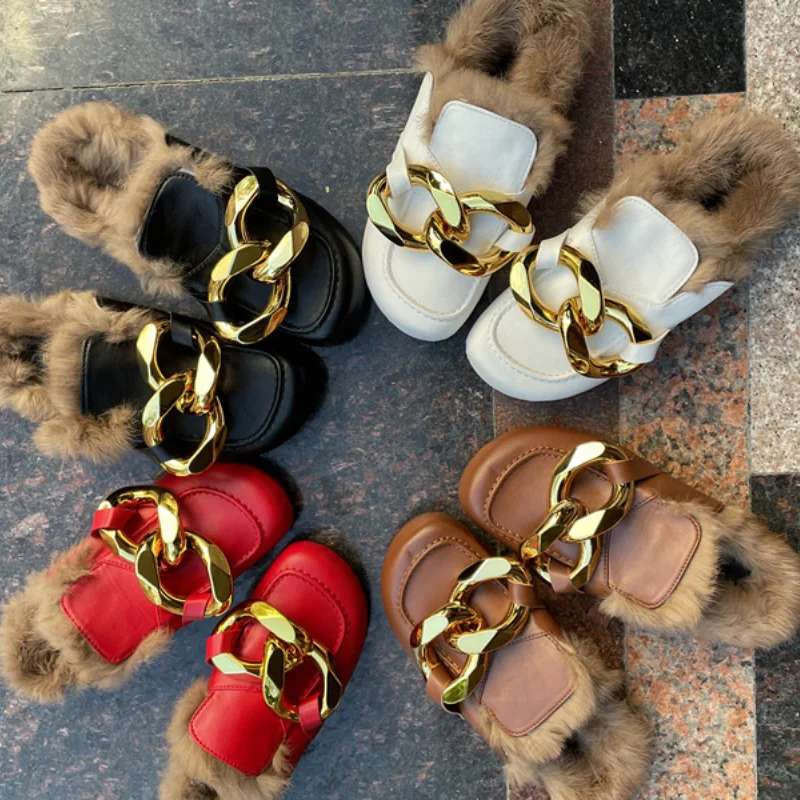 

Autumn And Winter Warm Fur Slippers 2021 New Fashion gold chain Baotou Muller Shoes Rabbit Fur Casual Shoes Women House Shoes