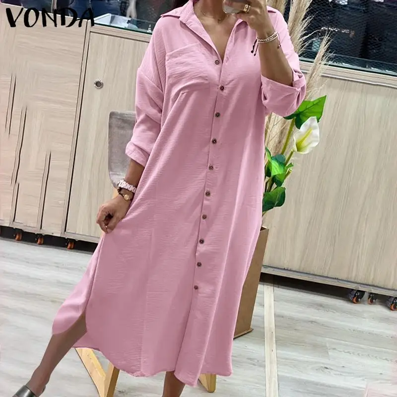 

Платье-рубашка VONDA 2022, весеннее женское платье с длинным рукавом, отложным воротником и пуговицами, повседневные свободные стильные платья-...