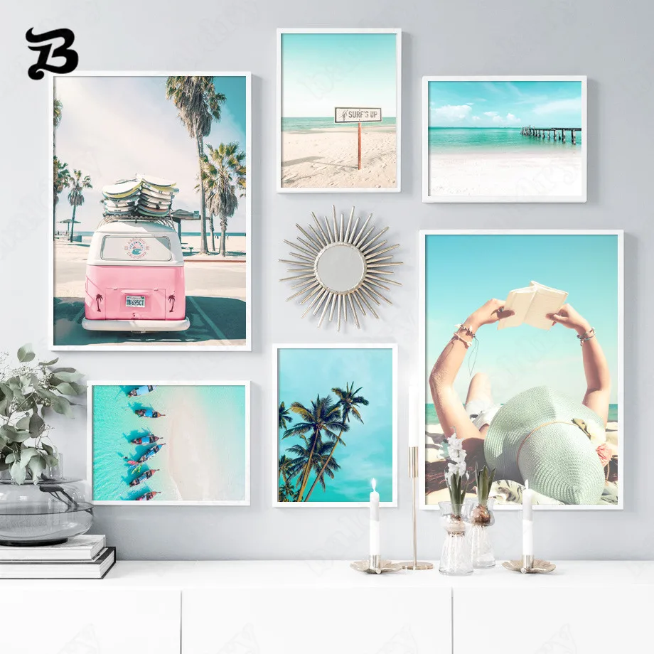 

Canvas Painting Beach Boat Car Sun Scenery Wall Art Nordic Seascape Posters and Prints for Living Room Scandinavian Home Decor