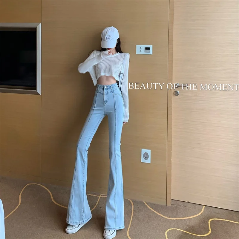 

Limiguyue High Elasticity Split Straight Flare Jeans Women Summer Pants Boyfriend Overalls Washed Retro Long Denim Pants K1419