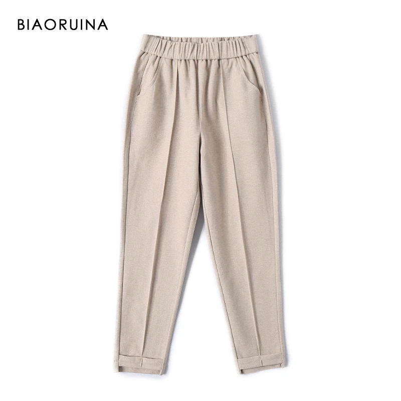 BIAORUINA Women's Elastic High Waist Loose Harem Pant Female Casual All-match Solid Ankle-Length Trouser Thick and Warm |