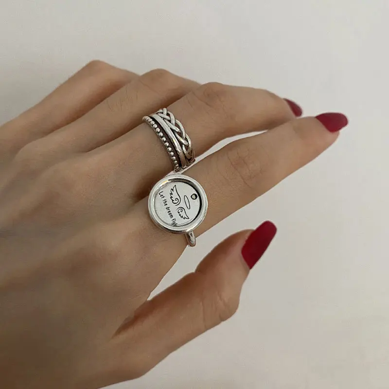 

FMILY Minimalist 925 Sterling Silver Personality Angel Wings Ring Retro Fashion Letters Hip Hop Punk Jewelryfor Girlfriend Gifts