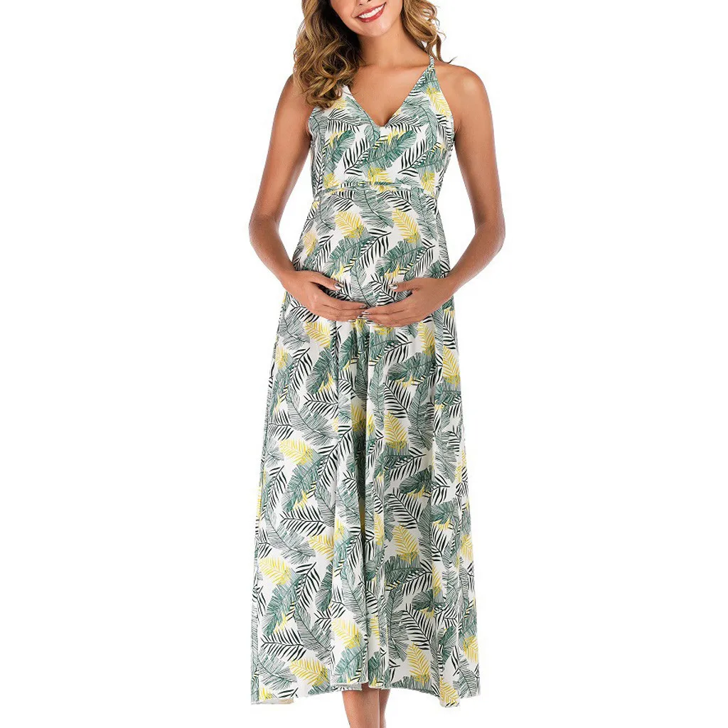 Женское платье для беременных с глубоким v-образным вырезом и принтом длинное