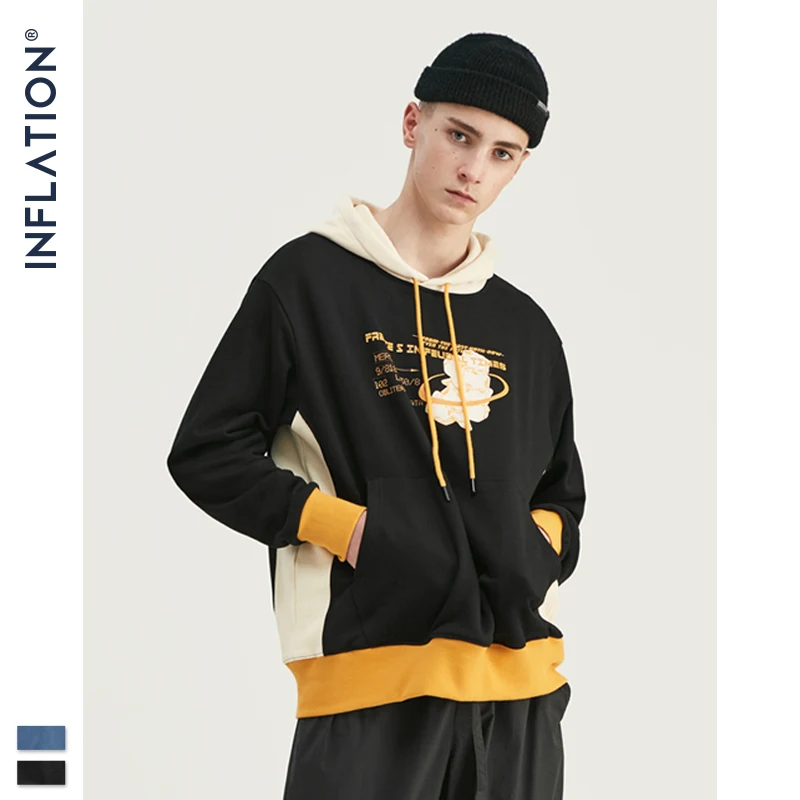 INFLATION Design Loose Fit Hoodie Men Winter Hoodies Colour Block With Print Logo Streetwear Mens Fleece Cotton 9632W | Мужская одежда