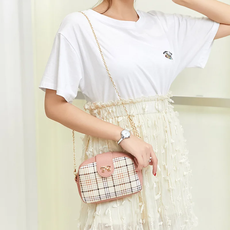 

Mini Bag 2020 Summer Korean Fashion Plaid Women's Bag Shoulder/crossbody Bag Handbag Phone Bag Chain Small Bag Zipper PU Solid