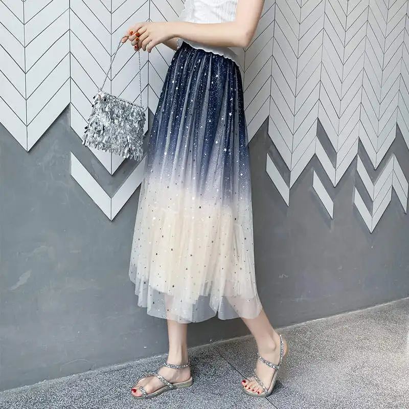 Женская длинная юбка с блестками Starry из тюля высокой талией плиссированная пачка